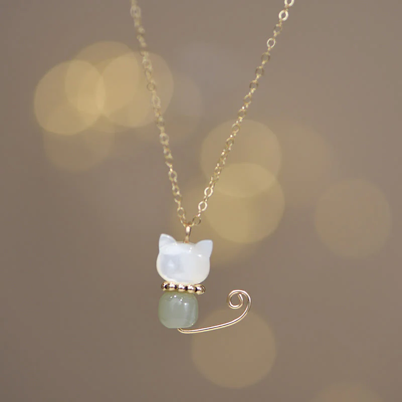 Pearl Hetian Jade Shell 14K Gold Plated Luck Cat Kitten Necklace