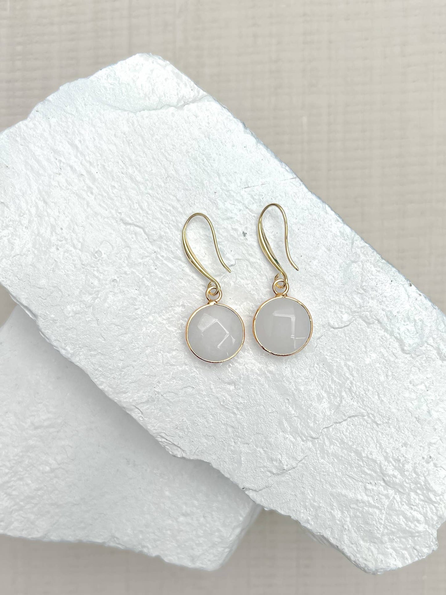 White Jade Round Gold Plated Gemstone Earrings