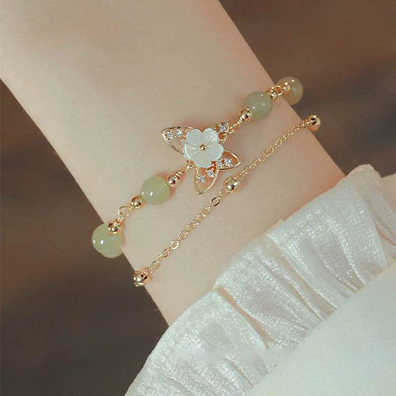 Jade Butterfly 14K Gold Plated Tridacna Stone Flower Luck Bracelet