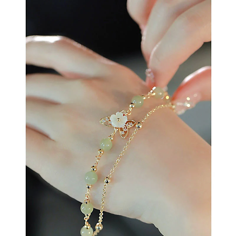 Jade Butterfly 14K Gold Plated Tridacna Stone Flower Luck Bracelet