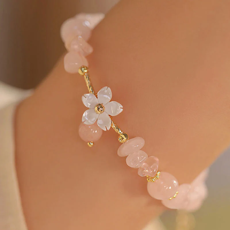 Natural Pink Crystal 14k Gold Plated Flower Love Bracelet