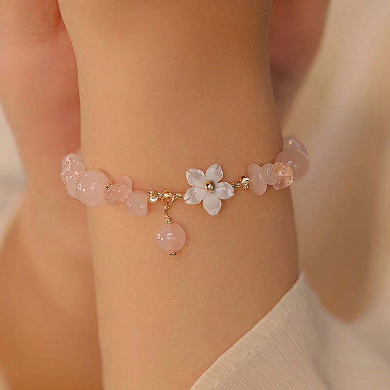 Natural Pink Crystal 14k Gold Plated Flower Love Bracelet