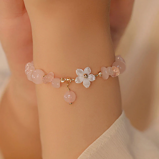 Natural Pink Crystal 14k Gold Plated Flower Love Bracelet