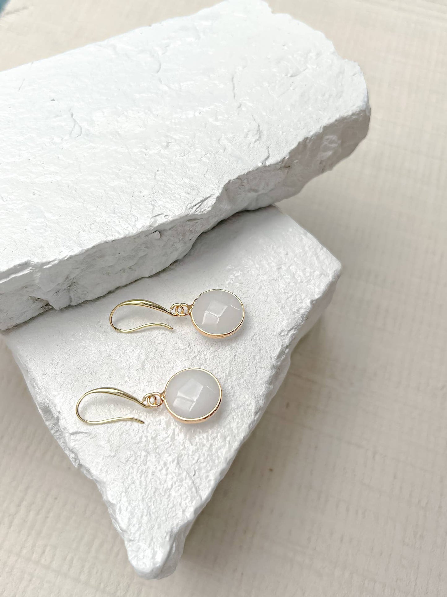 White Jade Round Gold Plated Gemstone Earrings