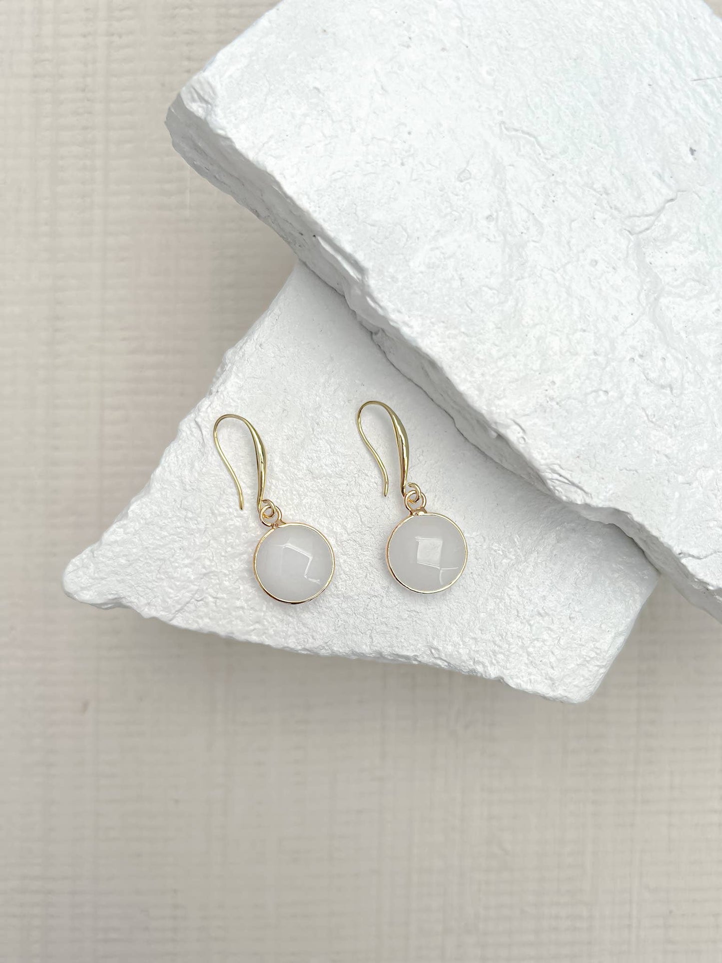 White Jade Round Gold Plated Gemstone Earrings